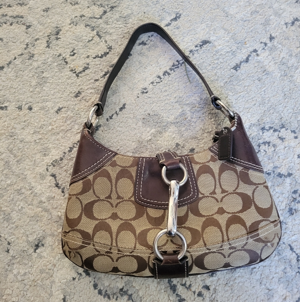 Coach Brown and Tan Signature Shoulder Bag - Small